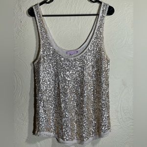 Calypso St. Barth Allover Sequin Raw Edge Hem Flowy Scoop Neck Tank Cream Ecru M